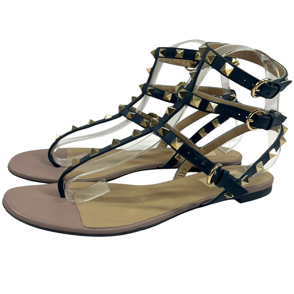Valentino Garavani Rockstud Navy Leather Gladiator Sandals Gold size‎  39 purple